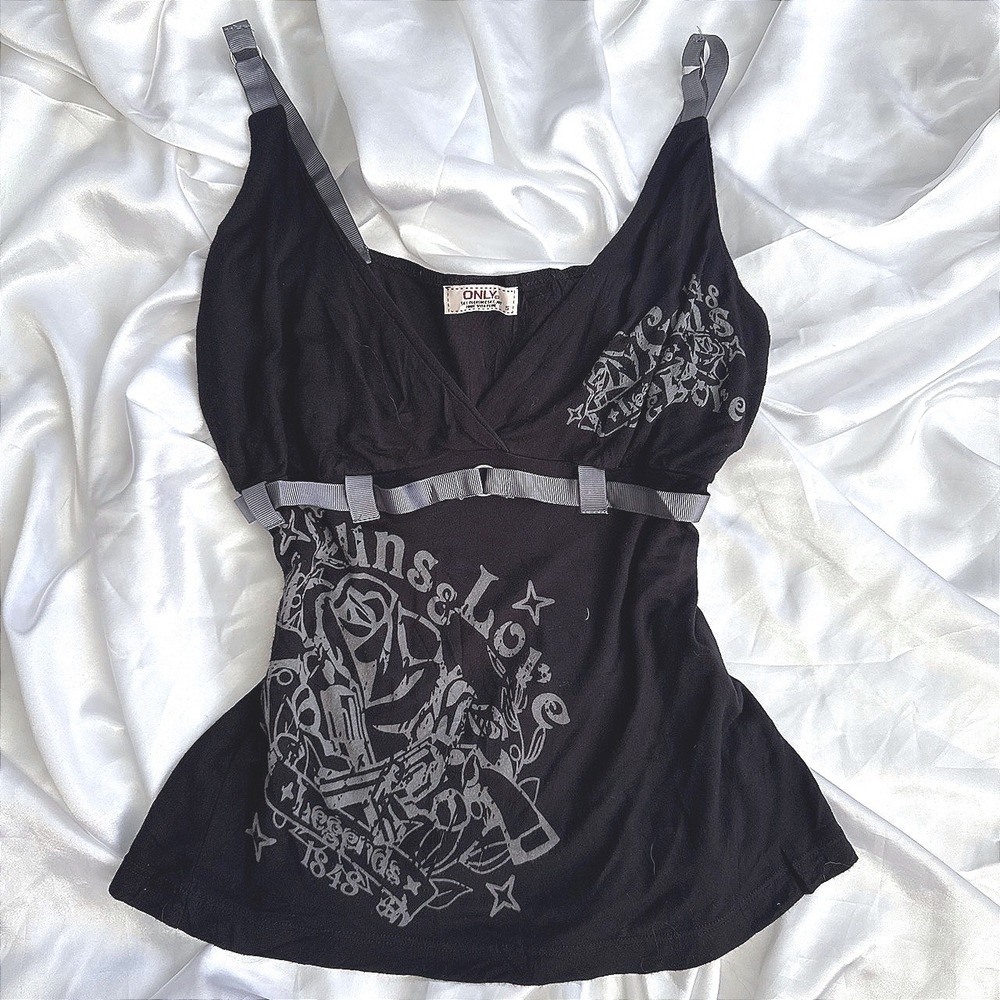ONLY Womens Y2K Grunge Cami Top Black Grey Guns & Love Graphic Ribbon Small
